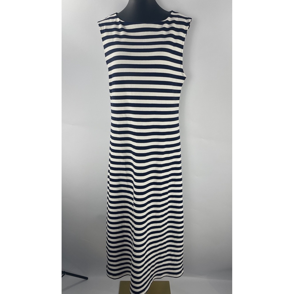 J.CREW Ribbed Midi Dress Navy White Stripe Boatneck Casual Preppy Nautical XL - Picture 2 of 11